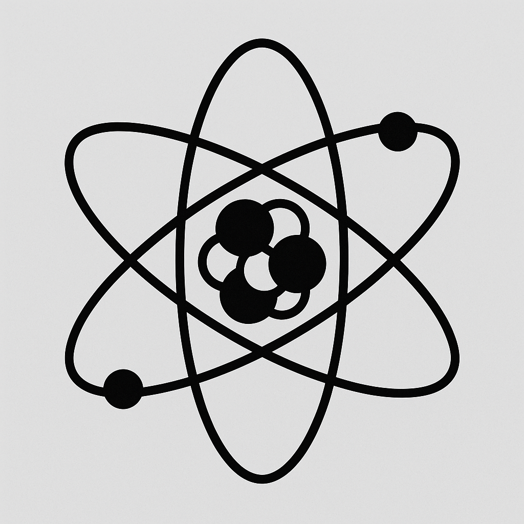 Ilustração em preto e branco de um átomo com núcleo central e elétrons girando ao redor, representando a estrutura atômica.