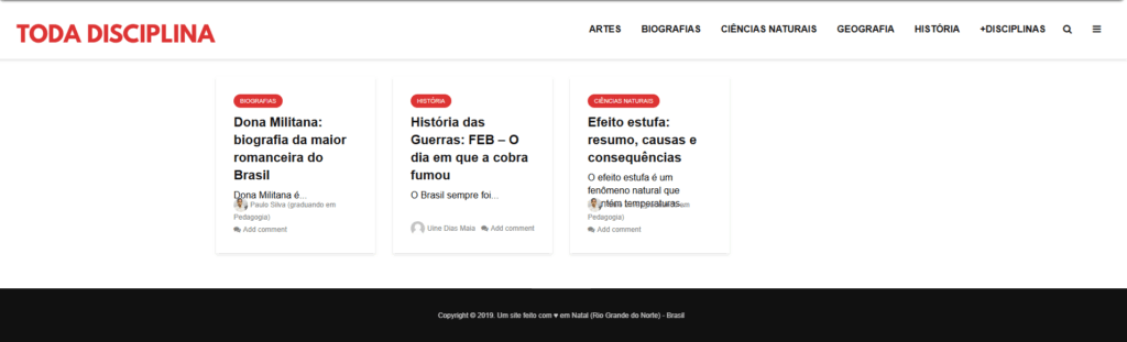 Captura de tela da página inicial do site Toda Disciplina em 16 de maio de 2019, pouco tempo depois do seu lançamento.