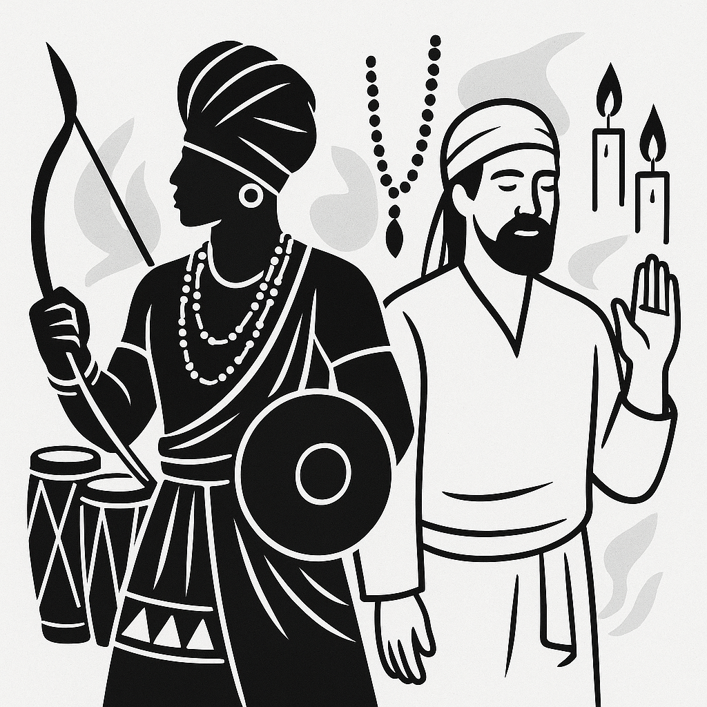 Ilustração em preto e branco representando um orixá do Candomblé e uma entidade da Umbanda, com elementos espirituais como atabaques e velas.