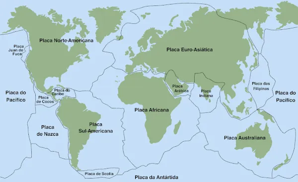 Mapa demostra placas tectônicas pelo mundo. 