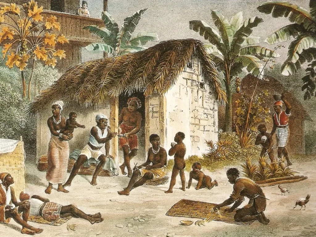 Ilustração mostra como era um quilombo. 