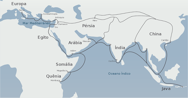 A Rota da Seda ligava a Ásia a Europa, na imagem, o mapa.