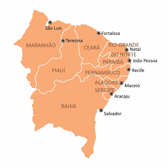 Mapa do Nordeste com seus estados e suas respectivas capitais
