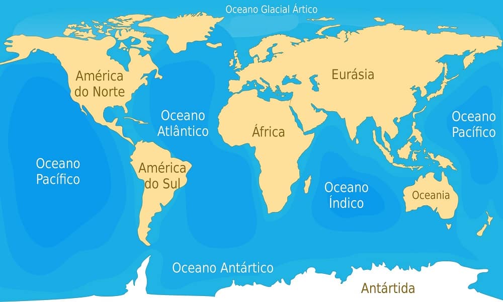 Mapa mostrando os oceanos.