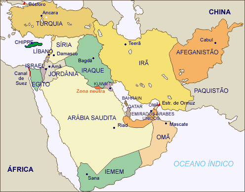 Mapa político do Oriente Médio.