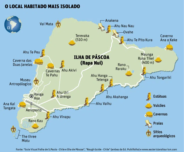 Mapa com a localização das principais estatuas da Ilha de Páscoa.