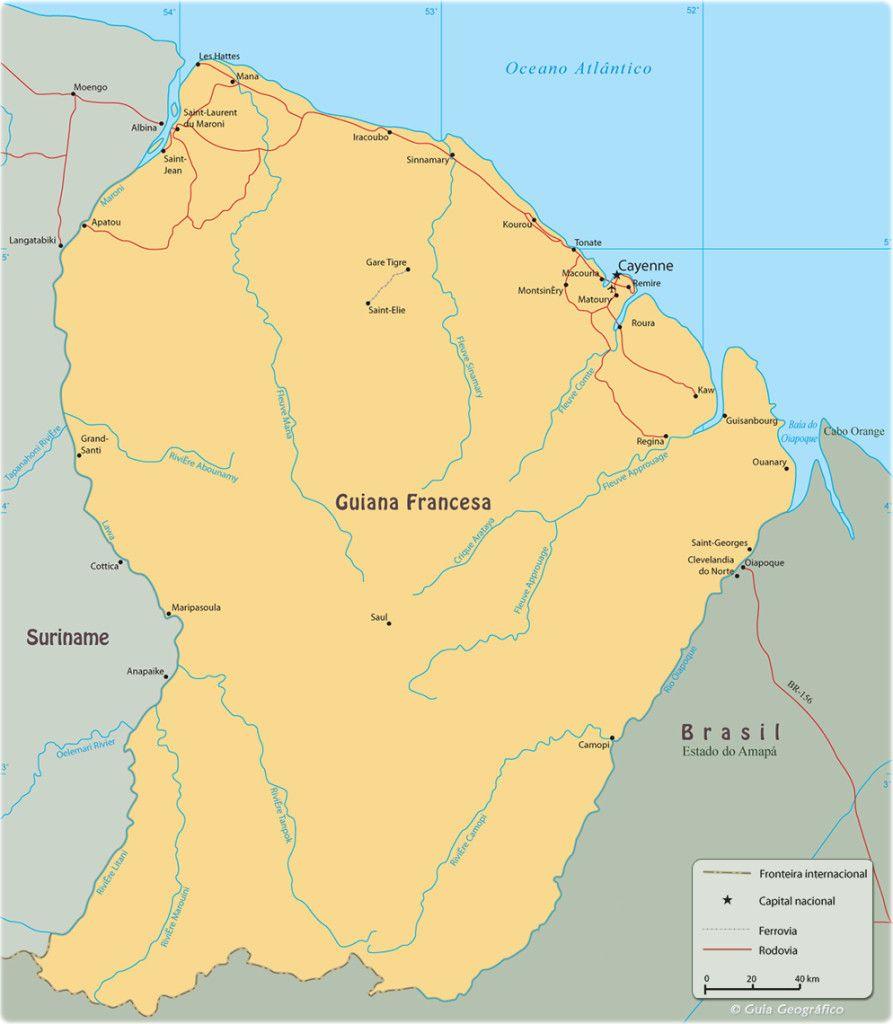 Mapa mostra fronteiras da Guiana Francesa, único território da União Europeia na América do Sul.