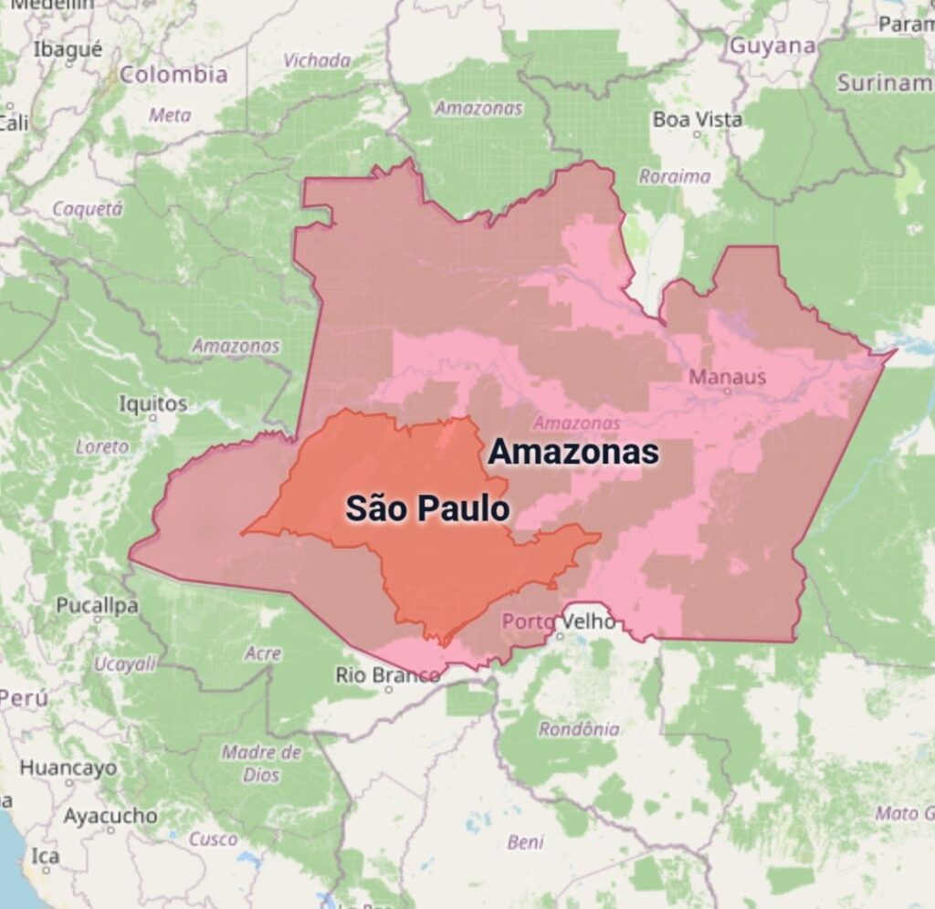 Embora extremamente maior em área, a densidade populacional do estado do Amazonas é muito menor que a de São Paulo. 
