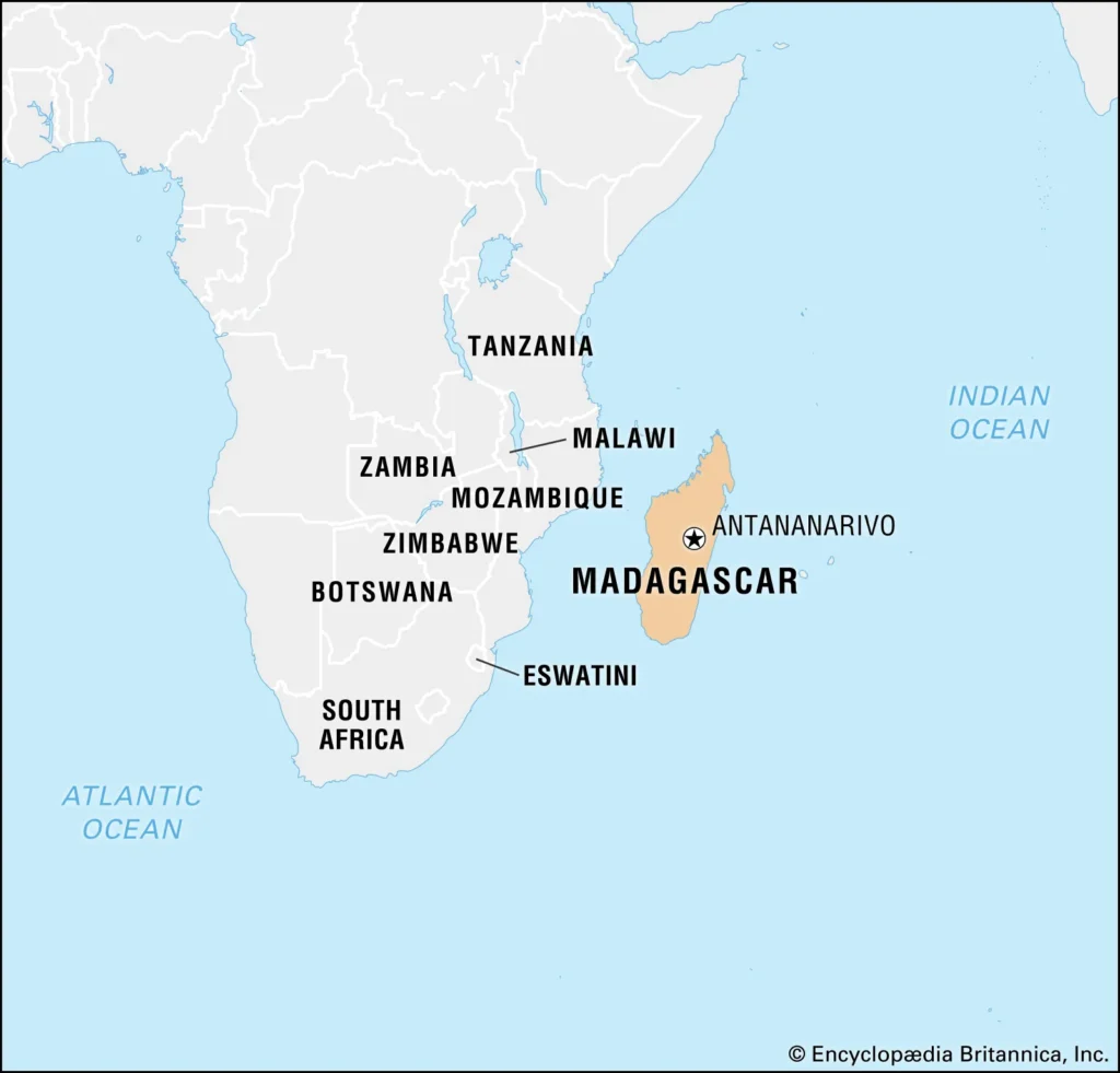 Mapa mostra localização da Ilha de Madagascar.